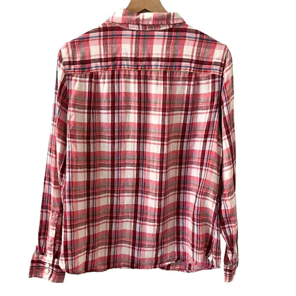 L.L. Bean Pink White Plaid 100% Linen‎ Button Up Long Sleeve Blouse Size L